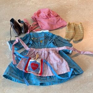 American Girl Doll Outfit with Blue Dress and Accessories